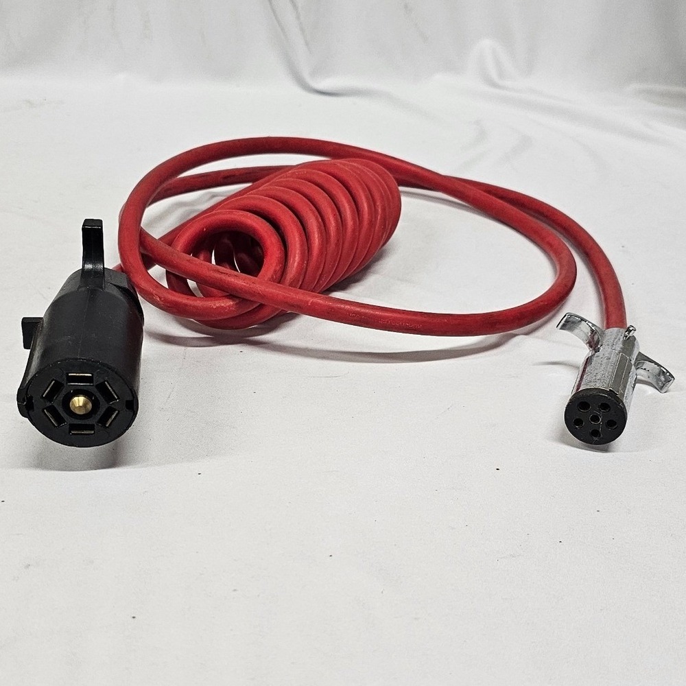 7 Way Blade to 6 Way Round Pin Coiled Trailer Wiring Adapter Extension Cord Red